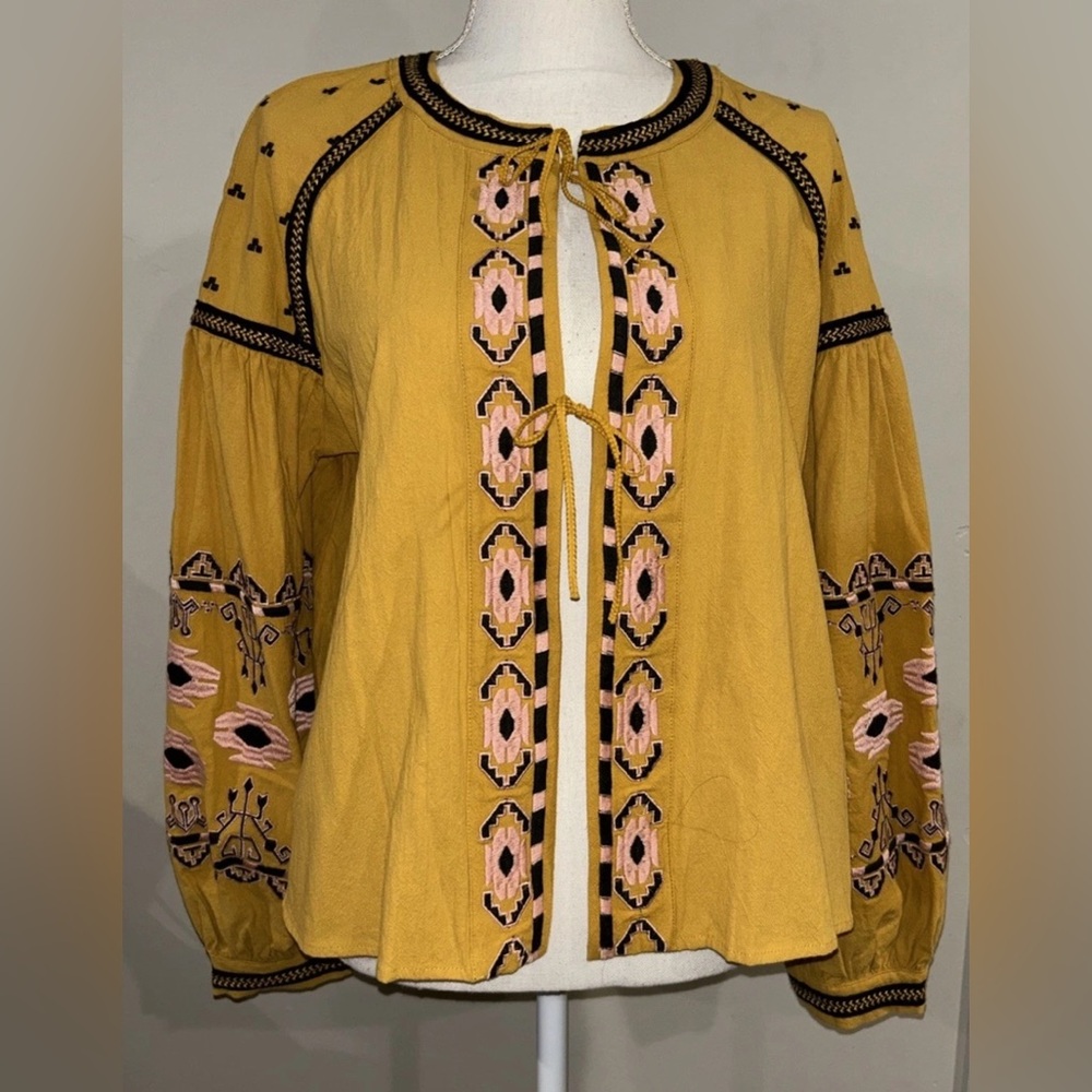 RD & Koko Yellow Anthropologie Tribal Embroidered Top Jacket Crop Oversized Sz S